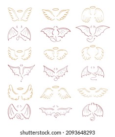 Angel sketch wing set vector. Marker hand drawn style of holy creations. Wing, feathers of bird, swan, eagle. Bat, vampire silhouette collection in line art. Gargoyle, demon, devil doodle are shown 