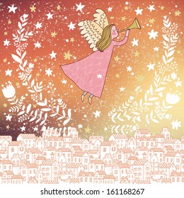 Angel in the sky with northern lights in vector. Vintage Christmas card in stylish colors in vector. Bright concept holiday background