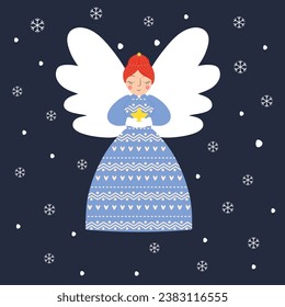Angel in the sky with red hair and wings holding a star and falling snow. flat vector illustration