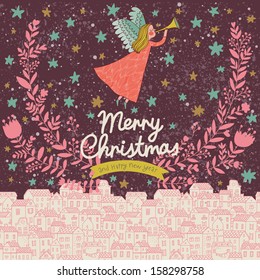 Angel in the sky. Vintage Christmas card in stylish colors in vector. Bright concept holiday background  