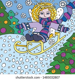 Angel sledding in winter. Hand drawn vector colorful illustration for card, calendar.