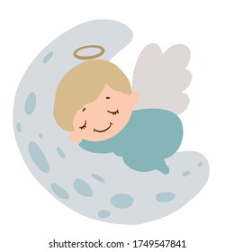 angel sleep on the moon, print for kids textile, greeting card, gift paper and other. Vector isolated illustration in cartoon style