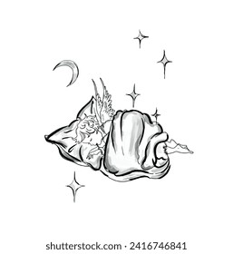 angel sleeping in bed, hand drawn illustration