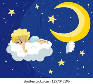 Angel Sleeping On A Cloud At Night Under The Moon And Stars.