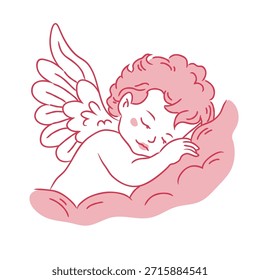 Angel sleeping on clouds, child with wings. Cherub, cupid, vintage vector illustration