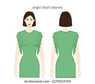 Angel sleeves Dalmation, flared short length clothes - ruffle dresses in women, tops, shirts technical fashion illustration with fitted body. Flat apparel template front, back sides. Women, men unisex