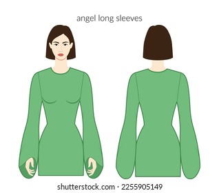 Angel sleeves long length clothes character beautiful lady in gleen top, shirt, dress technical fashion illustration, fitted body. Flat apparel template front, back sides. Women, men unisex CAD mockup