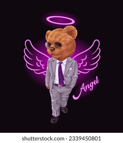 angel slogan with bear toy in business suit with angel's wings neon light,vector illustration for t-shirt.