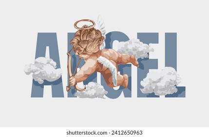 angel slogan with boy angel flying on cloudy sky hand drawn vector illustration