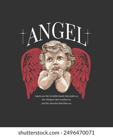 angel slogan with boy angel on red wings background vector illustration