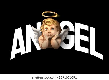 angel slogan with cherub angel under warm light hand drawn vector illustration without the use of any form of AI software at any stage