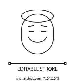 Angel smile linear icon. Thin line illustration. Emoticon with halo. Contour symbol. Vector isolated outline drawing. Editable stroke