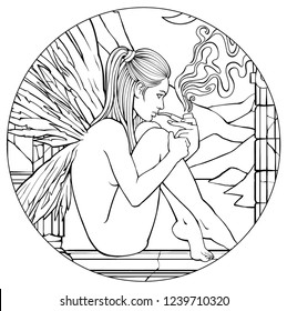 Angel smokes a pipe on the window