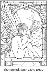 Angel smokes a pipe on the window