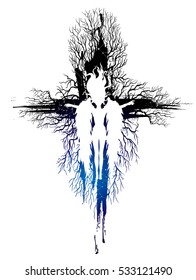 an angel soaring on the background of the cross