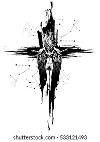 an angel soaring on the background of the cross