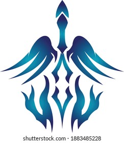 the angel spear logo with two wings on the left and right, then at the bottom there is also a burning blue flame