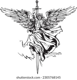 Angel with spread wings holding a sword with his hand vector Illustration on a white background