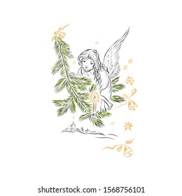 Angel with spruce branch and candle. Decor for greeting retro cards for Christmas. Graphic vintage linear drawing. Biblical heavenly symbol of man with wings. 