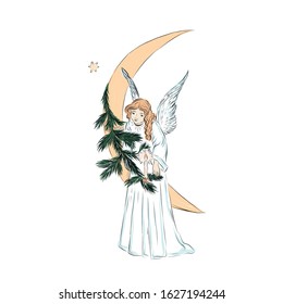 Angel with spruce branch and candle  fly about moon. Biblical heavenly symbol of man with wings. Decor for greeting retro cards for Christmas. 