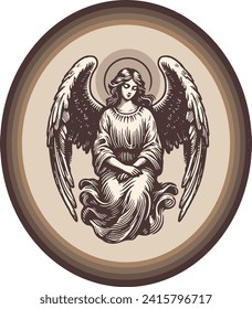 angel squatting vector drawing in engraving style in oval