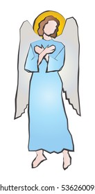 angel standing with his hands crossed on chest, in prayer and adoration. Abstract simple artistic color drawing .