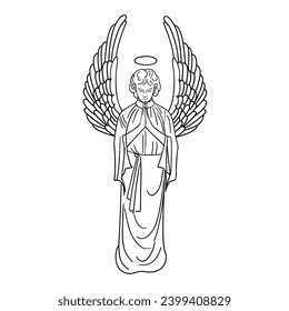 Angel  standing and praying,  vector line art.