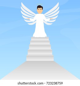 Angel stands on the steps, angel with wings and halo .. Flat design, vector illustration, vector.