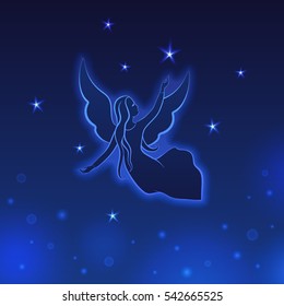 Angel with stars on a dark blue background. Glowing starlets and vivid spots on a night sky. Luminosity vector lines