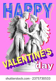 Estatua de ángel con efecto de semitono en estilo de collage retro con elementos gráficos vectoriales. Feliz Día de San Valentín.