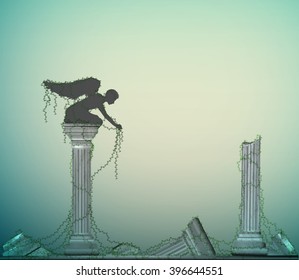 angel statue on the marple column between ancient ruins with curly plants, immortality of civilization, secret place in the garden, vector