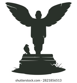 Angel statue silhouette. Winged monument sculpture flat vector illustration. Cemetery memorial isolated on white background