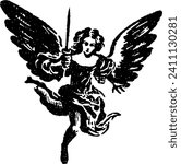 angel stencil, flying cherub with sword, angel with sword, descending angel, holy angel vector