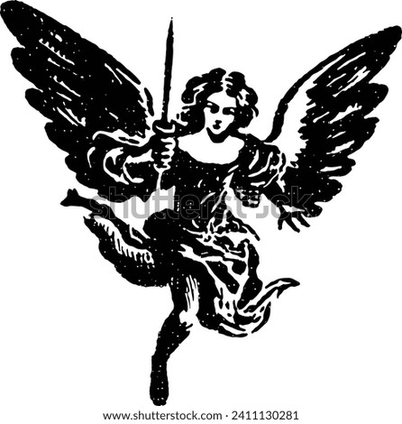 angel stencil, flying cherub with sword, angel with sword, descending angel, holy angel vector