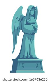 Angel stone figure, cemetery marble tombstone memorial, catholic graveyard, ossuary or crypt rip symbol, gothic statue, halloween illustration isolated white background, cartoon vector icon, clip art