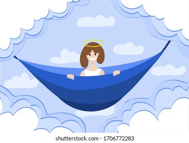 
angel swinging on a hammock in the clouds. paradise girl on a swing