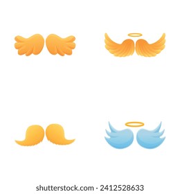 Angel symbol icons set cartoon vector. Various pair of wing with golden halo. Holy flying angelic element