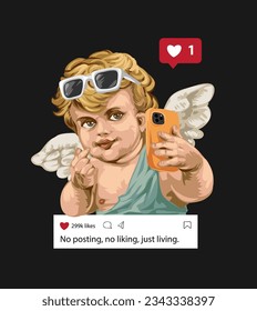 toma de selfie de ángel en ilustración vectorial de medios sociales sobre fondo negro