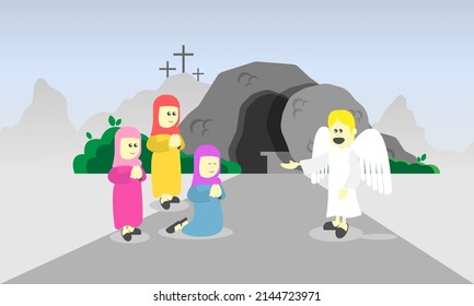 The angel told the three women who came to the tomb of Jesus that Jesus had risen. Suitable for storytelling, children's Christian books, etc.