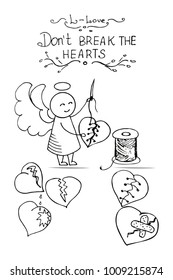Angel treats broken hearts  Valentine's Day romantic set  Doodle vector Illustration 
