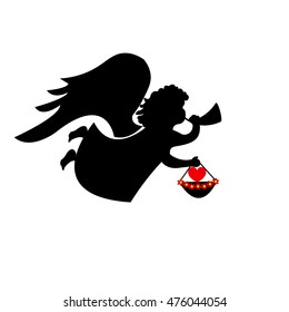 Angel with a trumpet and a basket with a heart decorated with flowers is flying. Concept - love, Valentine's Day holiday. Vector illustration.