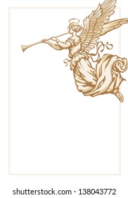 Angel with trumpet - corner vignettes. Three colors on a white background