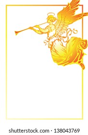 Angel with trumpet - corner vignettes. White and gold on a white background