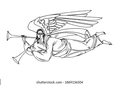 angel with trumpet flying on wings, heaven messenger, for christmas and easter cards, posters, vector illustration with black ink contour lines isolated on a white background in hand drawn style