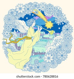 Angel with trumpet - M Merry Christmas Illustration, Ethnic Motif. Angel, Holiday Background in Doodle Line Style. Coloring Book Page style. Vector Contour Art with Realistic angel