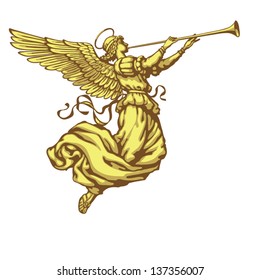 Angel with trumpet on a white background in three colors, the left