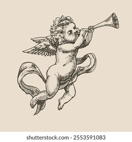 Angel with a Trumpet, Angel Playing Horn, Illustration in Medieval Engraving Style