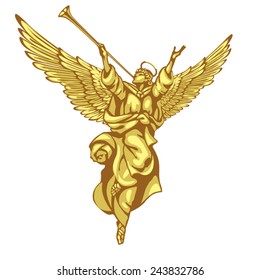 Angel with a trumpet and a raised hand. In three colors on a white background