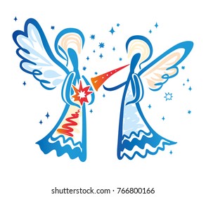 Angel with a trumpet and Angel with a star in his hands. Simple vector illustration of a free hand line.