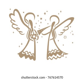 Angel with a trumpet and Angel with a star in his hands. Simple vector illustration of a free hand line.